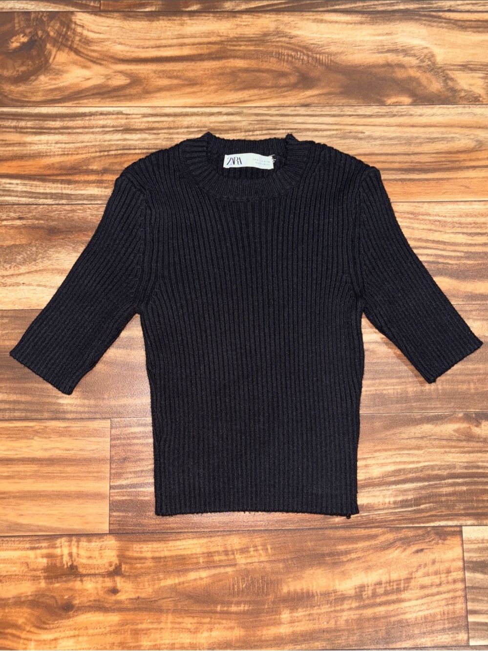 ZARA Black Ribbed Short Sleeve Sweater Top
